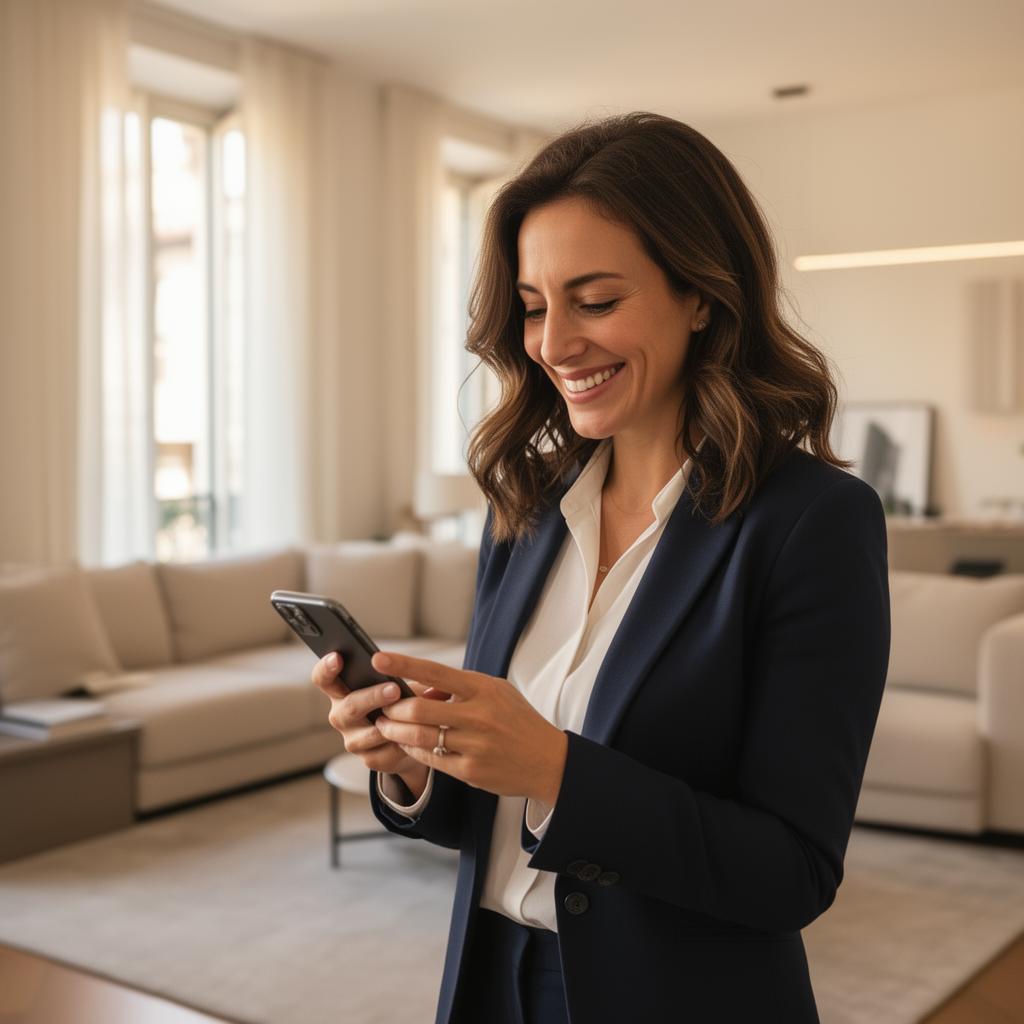 Property manager che gestisce gli appartamenti dal telefono in un appartamento di Milano